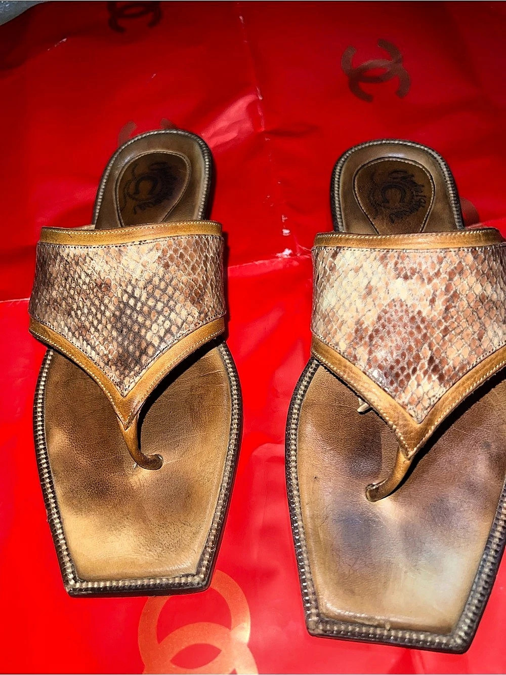 • Vtg Charlie 1 Horse by Lucchese Leather Sandals Square Toe Western Snakeskin